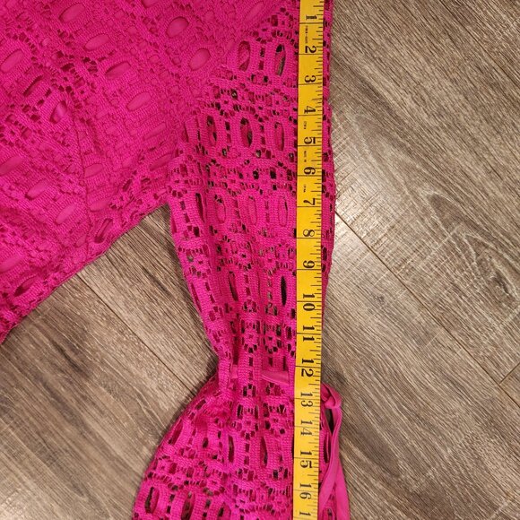 Hot Pink Crochet Lace Bell Sleeve Mini Dress - Picture 6 of 10